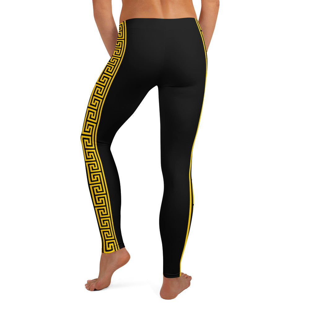 Black High-Waisted Leggings with Gold Greek Key Meander Side Stripe – Timeless Geometric Yoga Pants