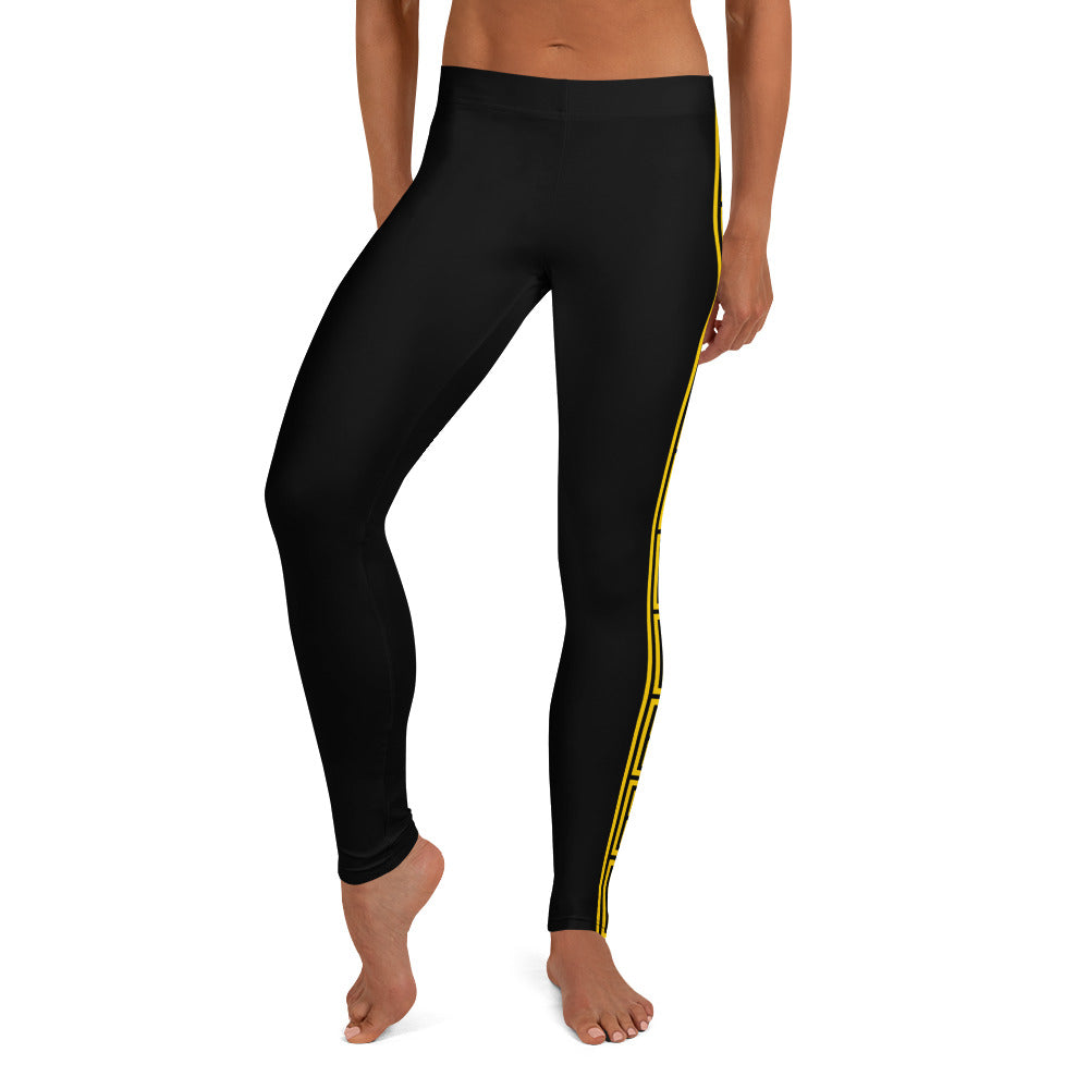 Black High-Waisted Leggings with Gold Greek Key Meander Side Stripe – Timeless Geometric Yoga Pants