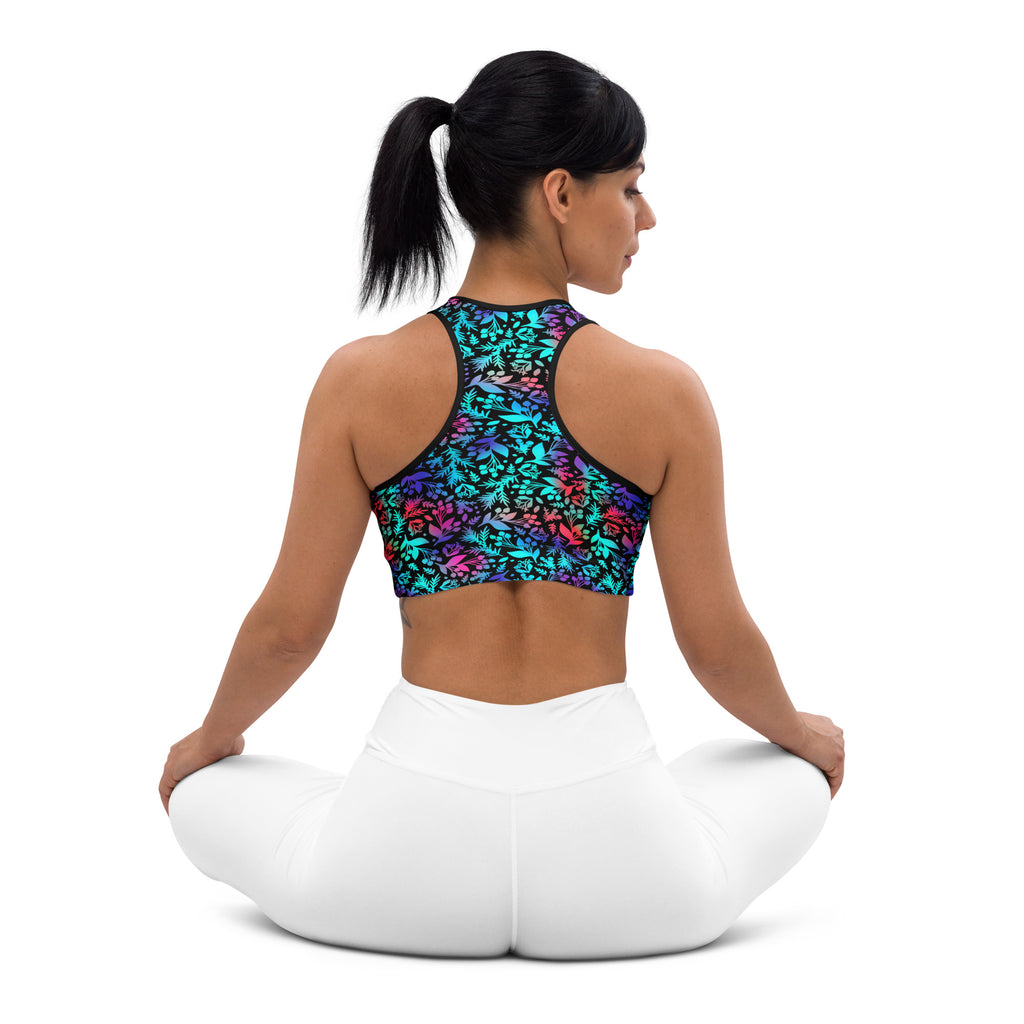 Neon Botanical Glow Padded Sports Bra | All-Over Print Activewear