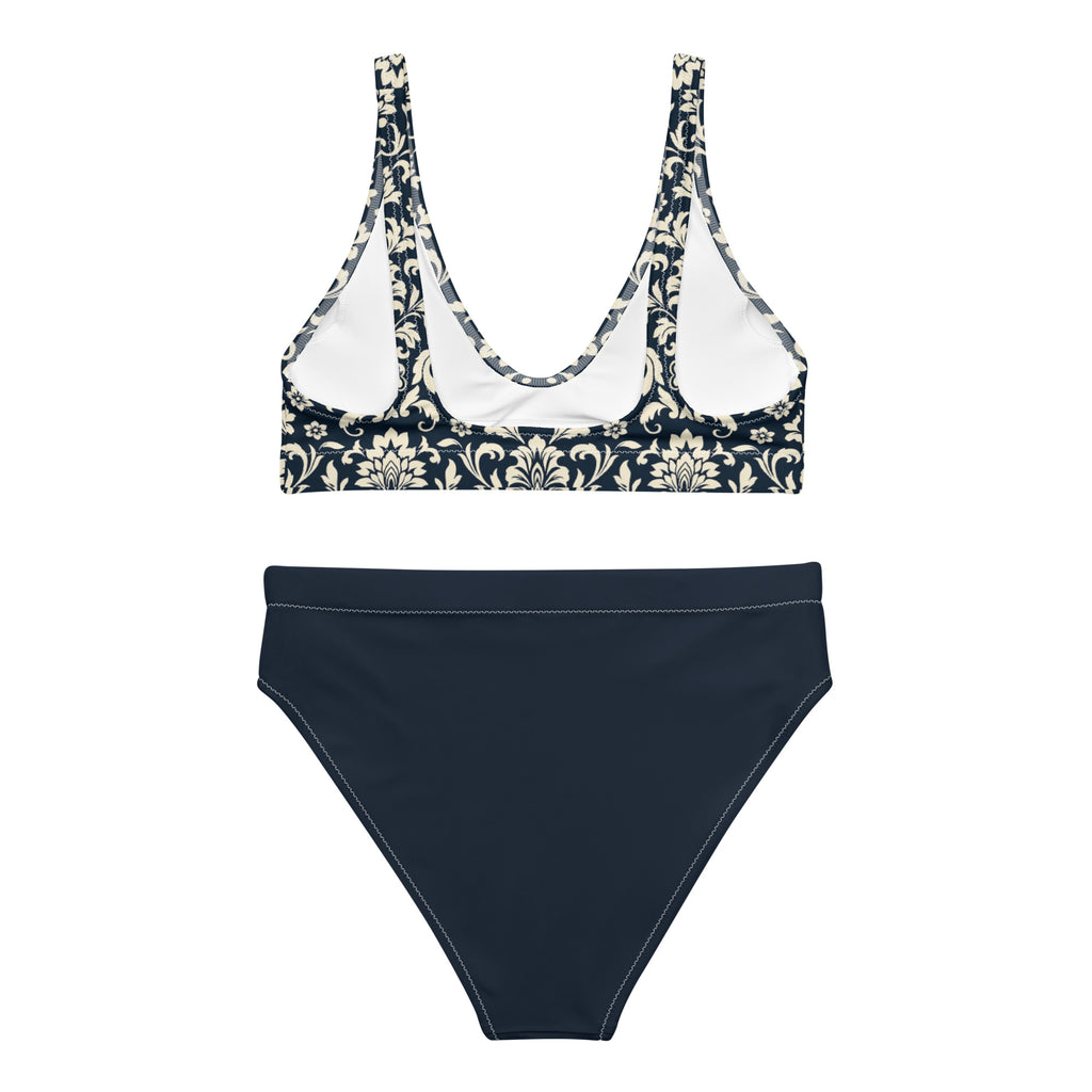 Navy Damask High-Waisted Bikini Set