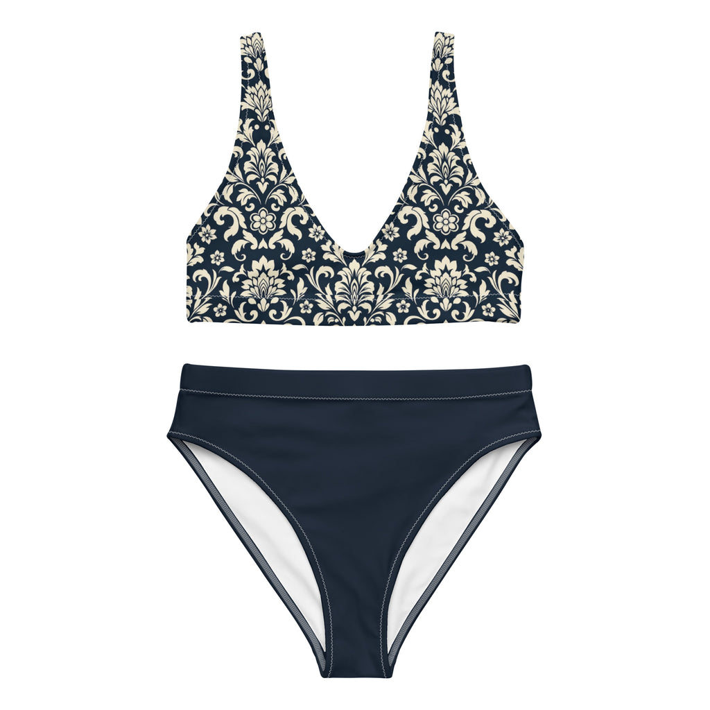 Navy Damask High-Waisted Bikini Set