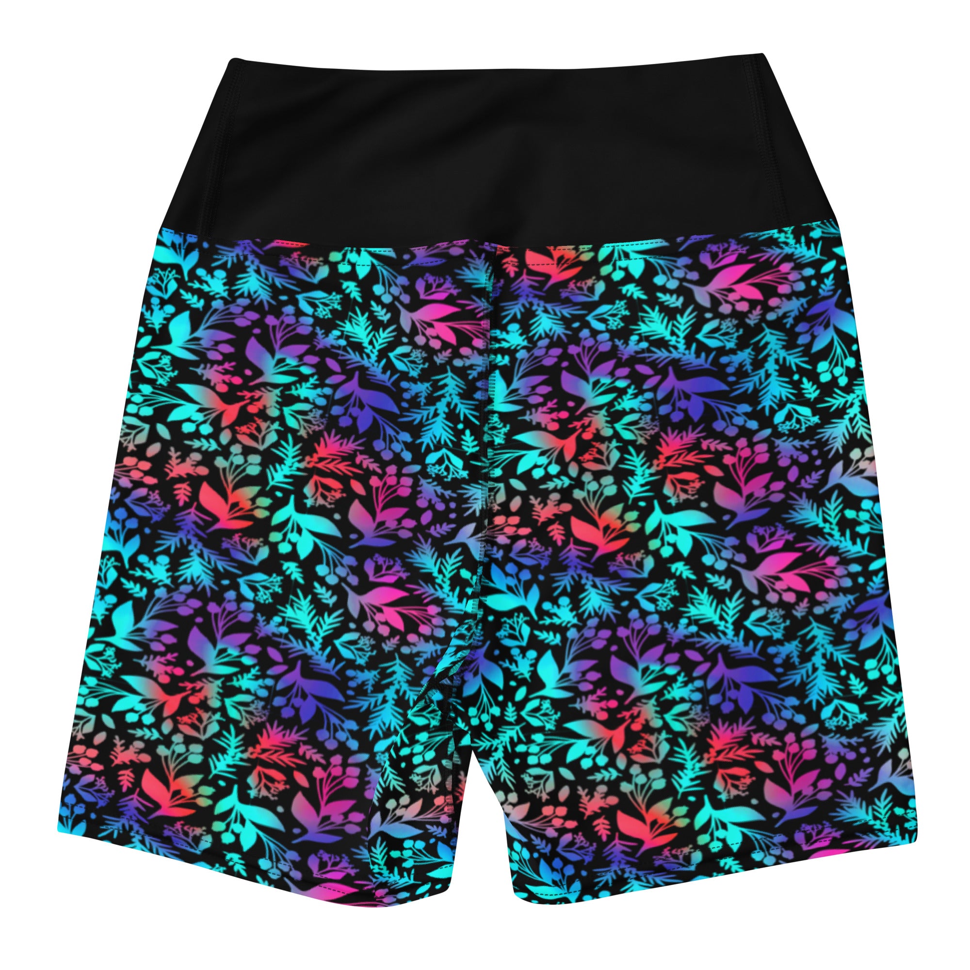 Neon Botanical Glow High-Waisted Yoga Shorts | Vibrant All-Over Print Activewear