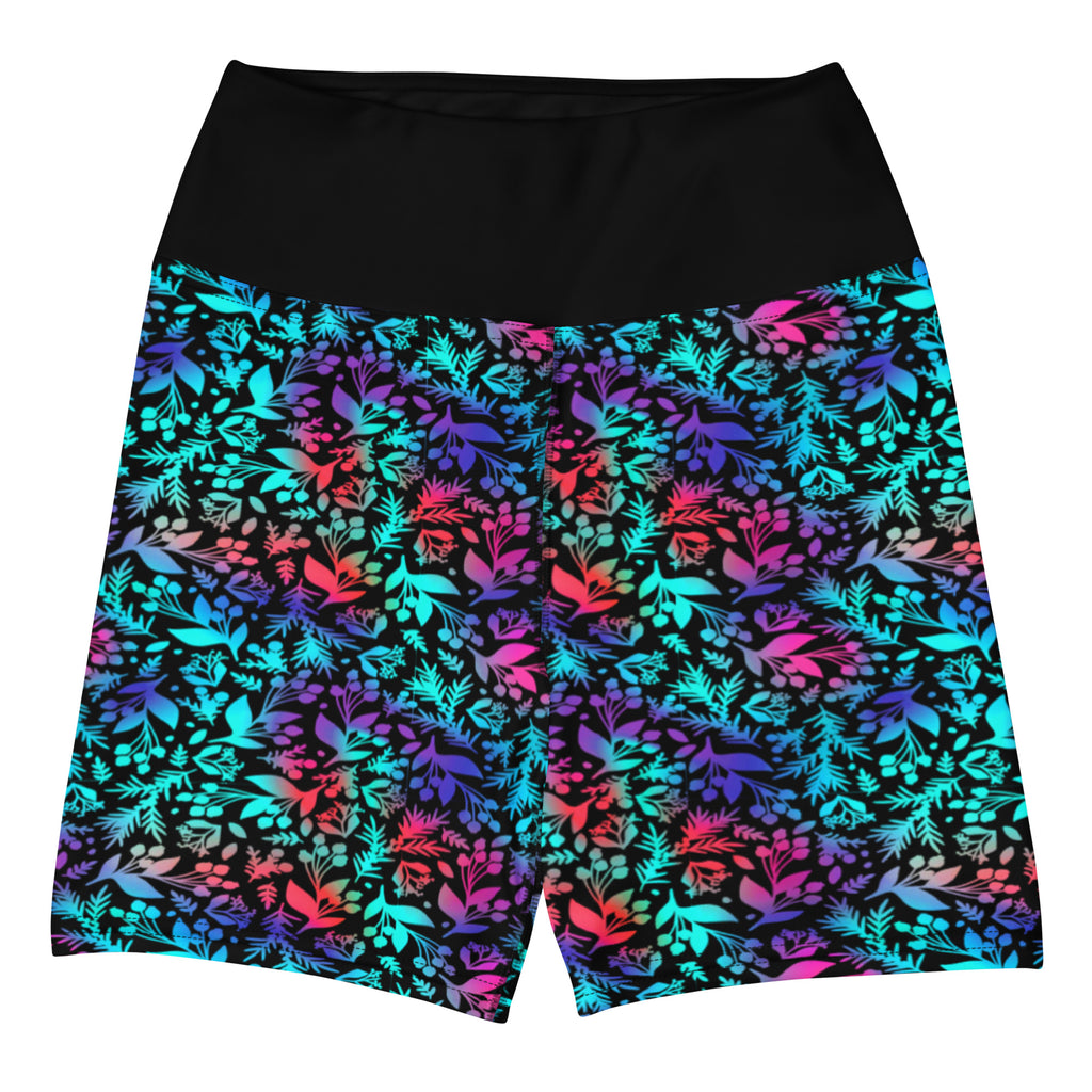 Neon Botanical Glow High-Waisted Yoga Shorts | Vibrant All-Over Print Activewear