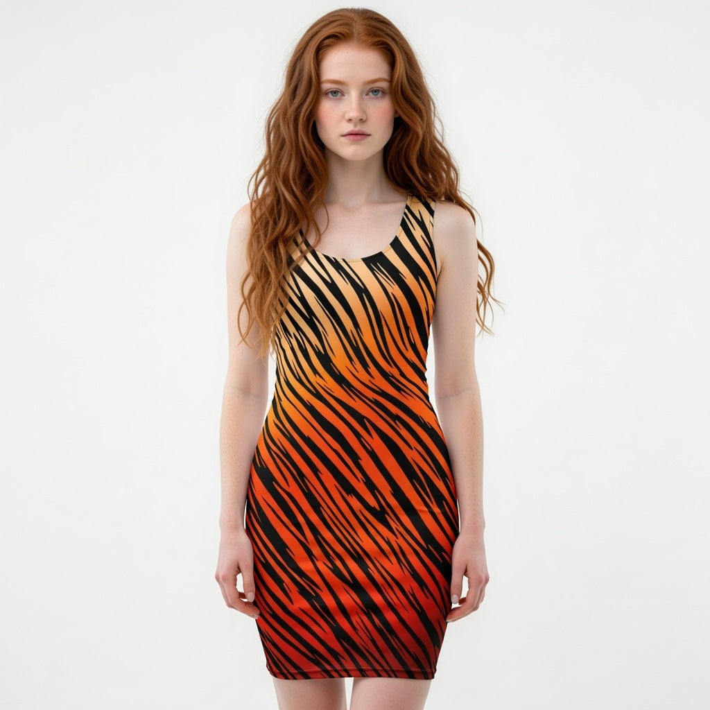 Fiery Tiger Stripe Gradient Bodycon Dress - Bold Orange & Black All-Over Print Fitted Mini Dress