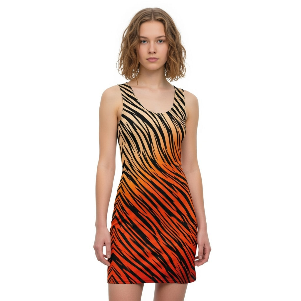 Fiery Tiger Stripe Gradient Bodycon Dress - Bold Orange & Black All-Over Print Fitted Mini Dress