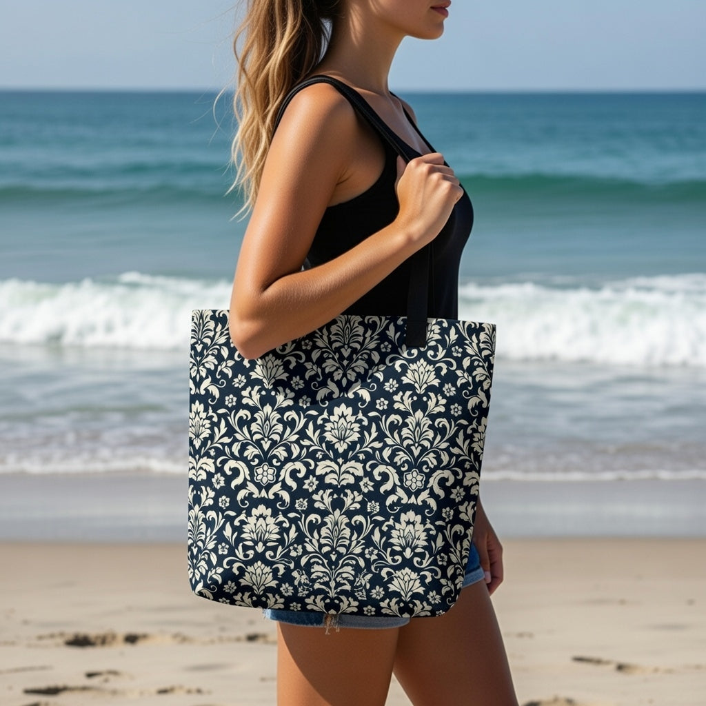 Navy Damask All-Over Print Large Tote Bag