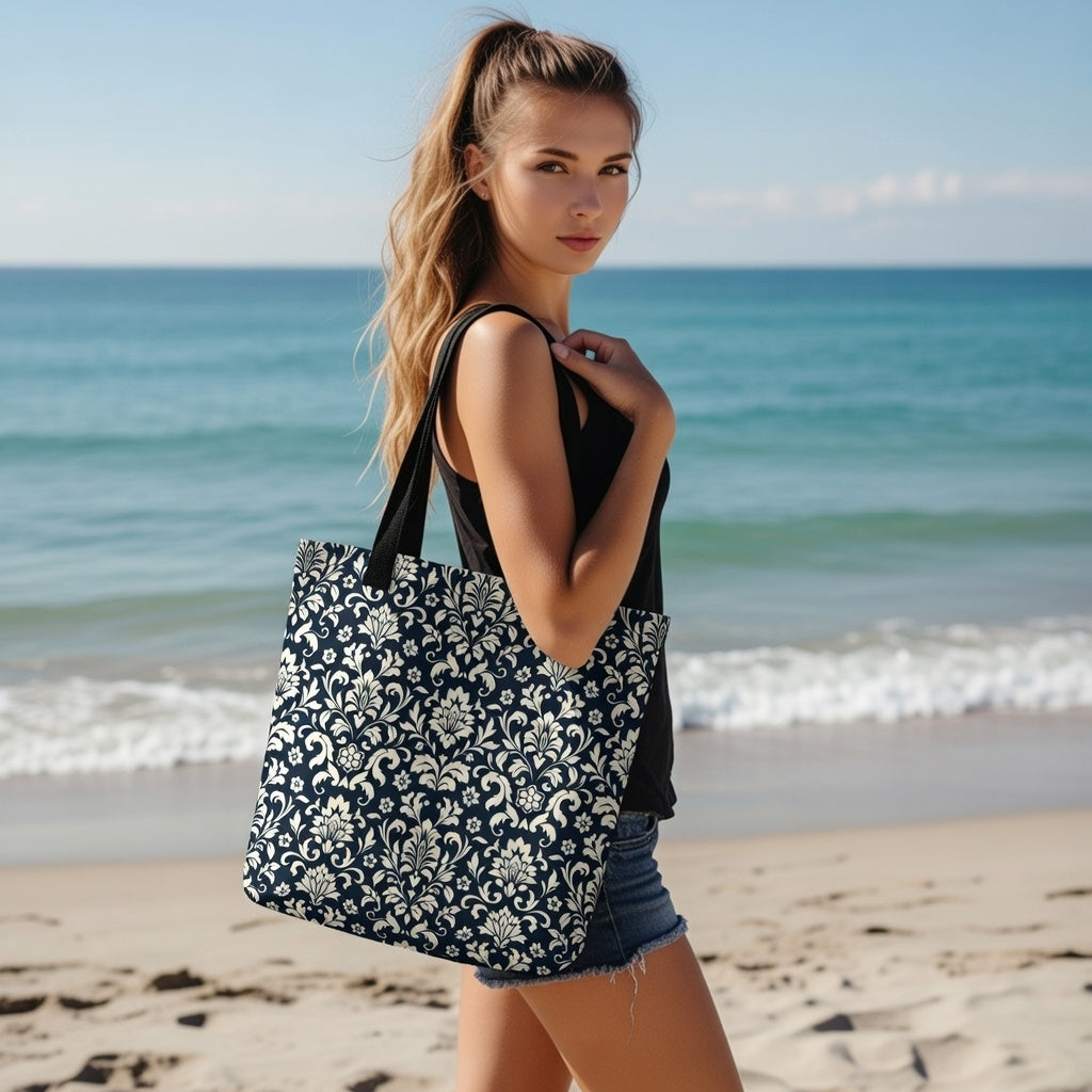 Navy Damask All-Over Print Large Tote Bag