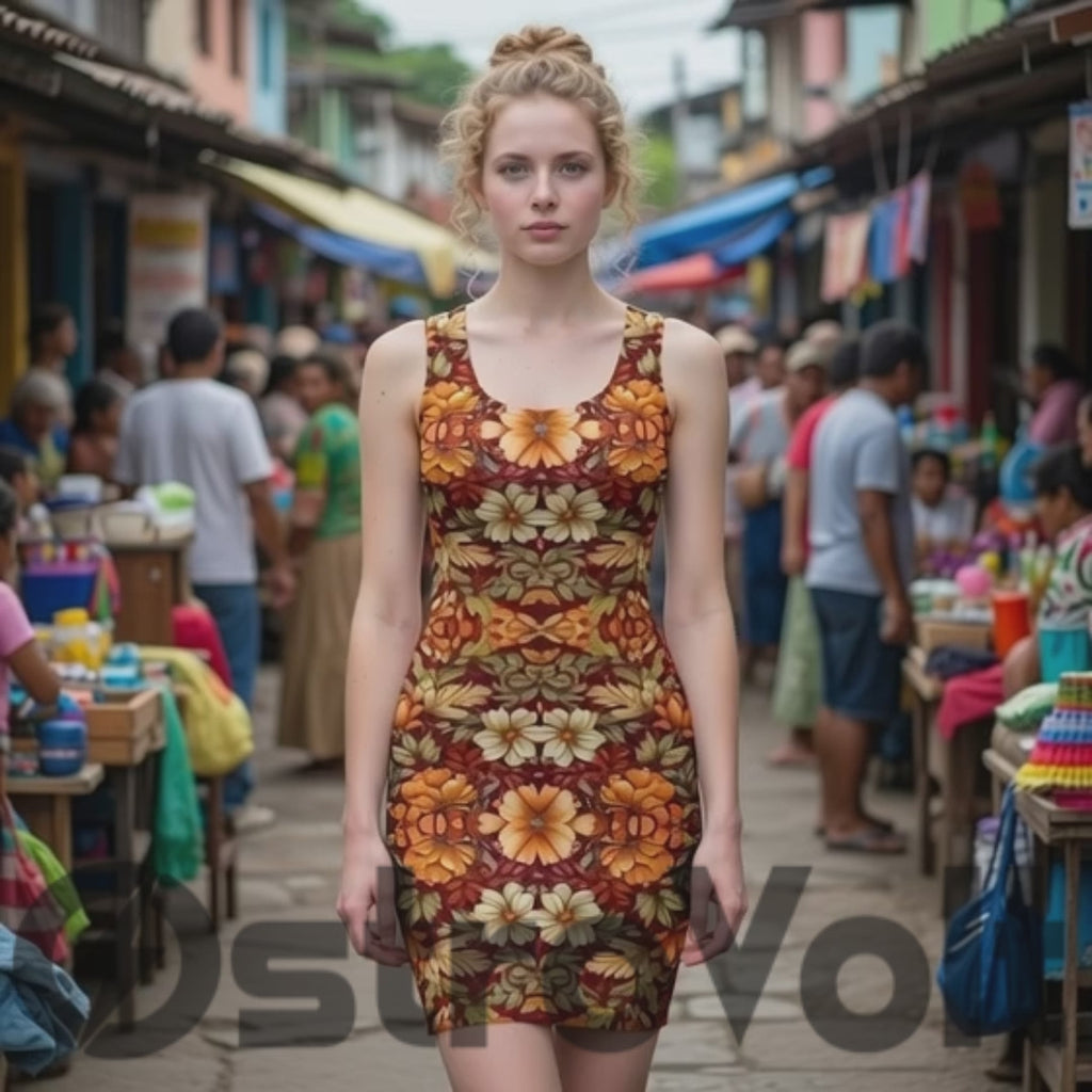 Autumn Bloom Burgundy Bodycon Dress - Bold Floral All-Over Print Fitted Mini Dress