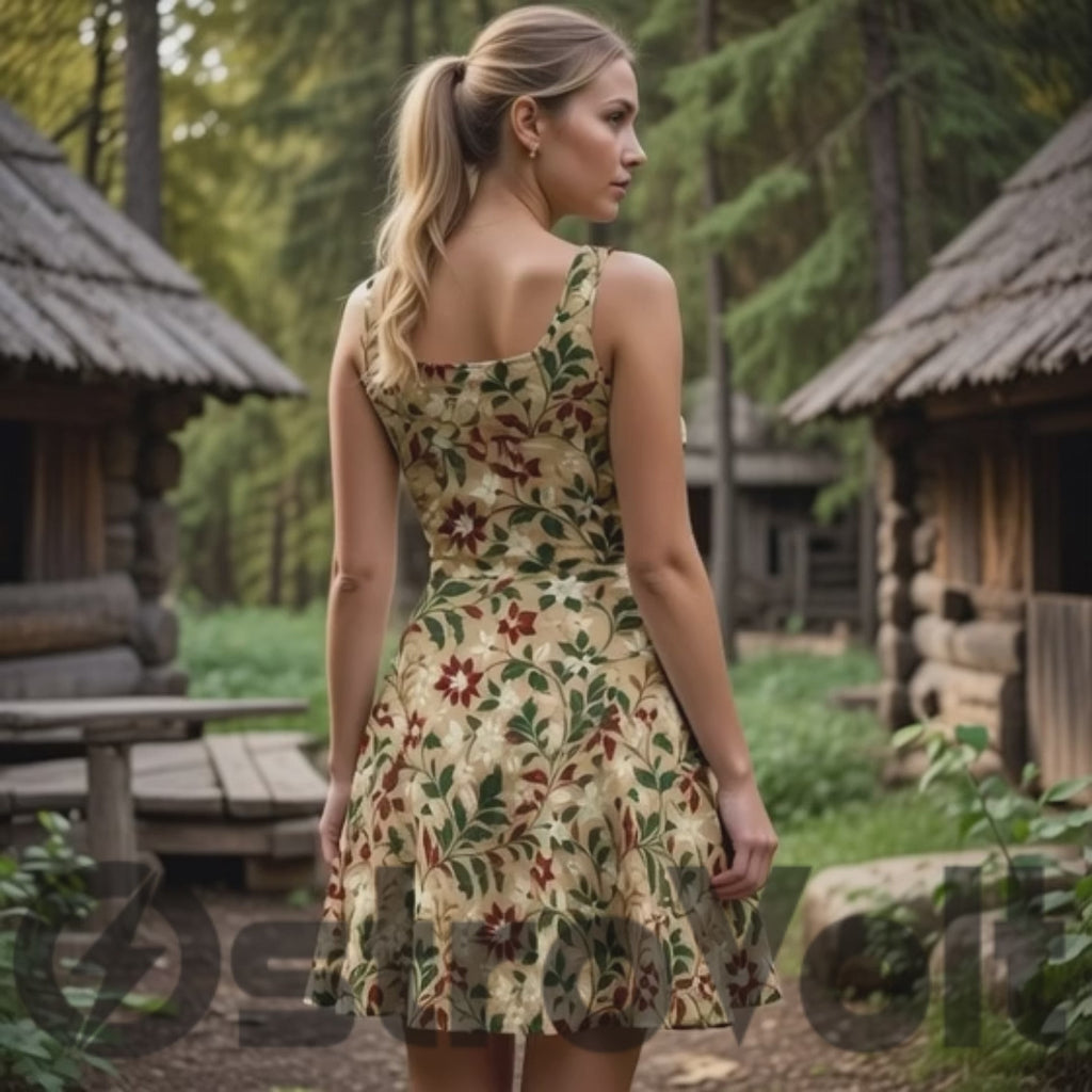 Vintage Botanical Floral Skater Dress – All-Over Print Charm