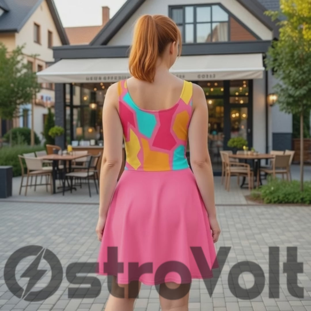 Vibrant Pop Art Geometric Skater Dress – Bold Multicolor Abstract Print