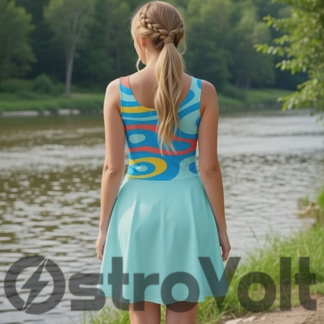 Retro Swirl Abstract Skater Dress – Vibrant Blue Wave Print
