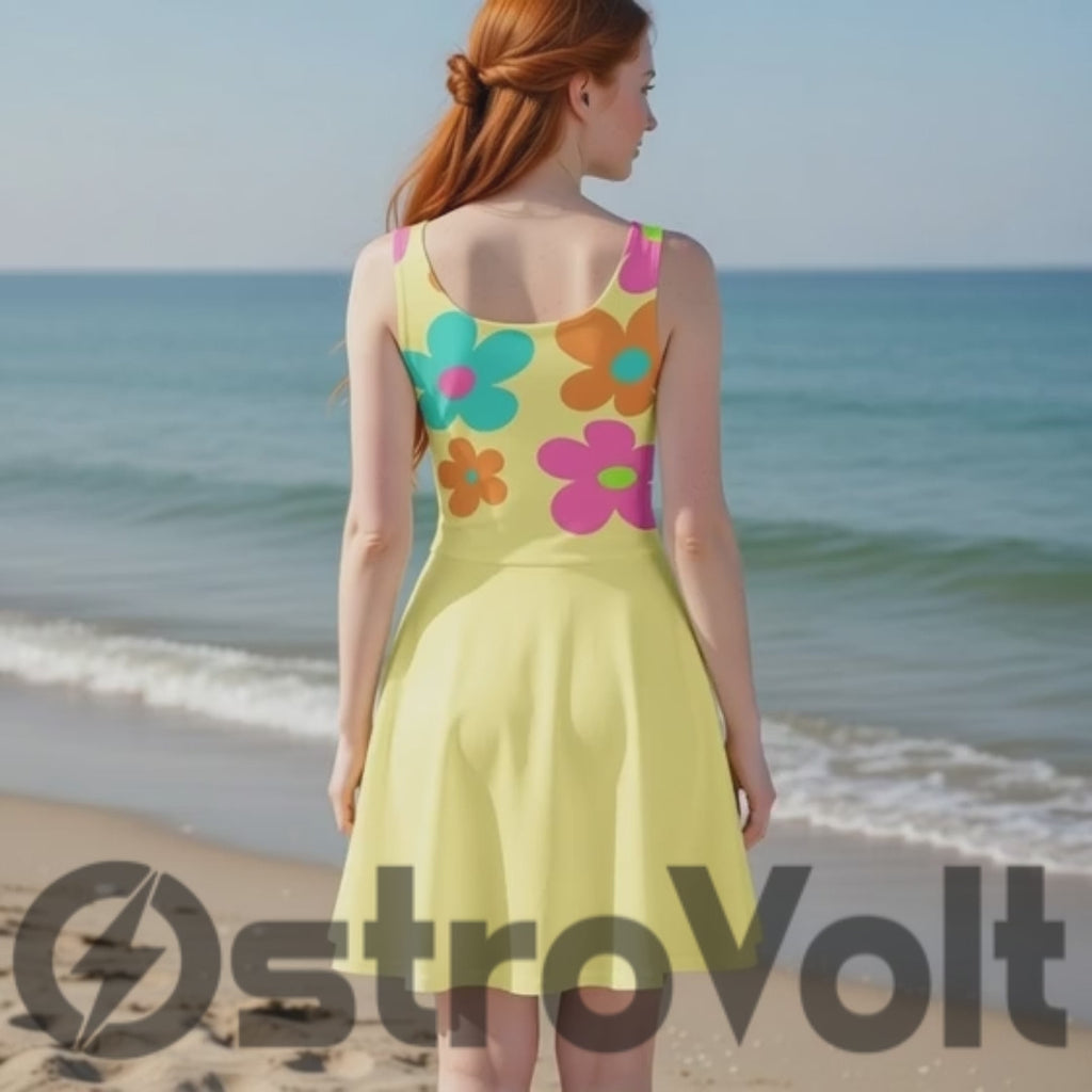 Sunny Retro Daisy Skater Dress – Bold Floral Print in Vibrant Colors