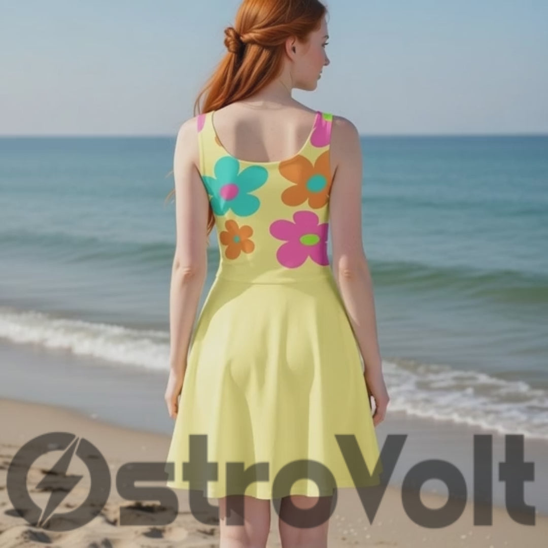 Sunny Retro Daisy Skater Dress – Bold Floral Print in Vibrant Colors