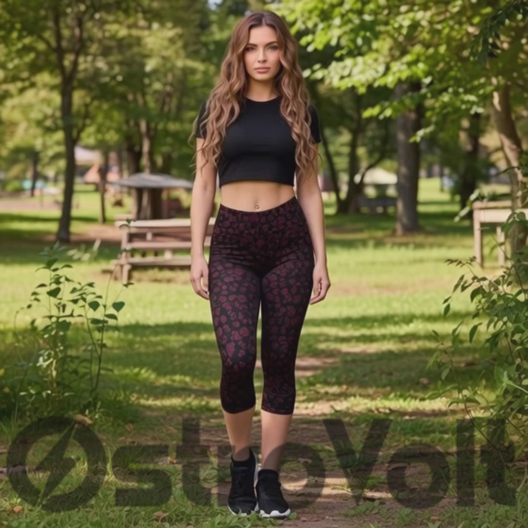 Crimson Bloom Floral Capri Leggings - Deep Red Floral Print Yoga Capris with Four-Way Stretch