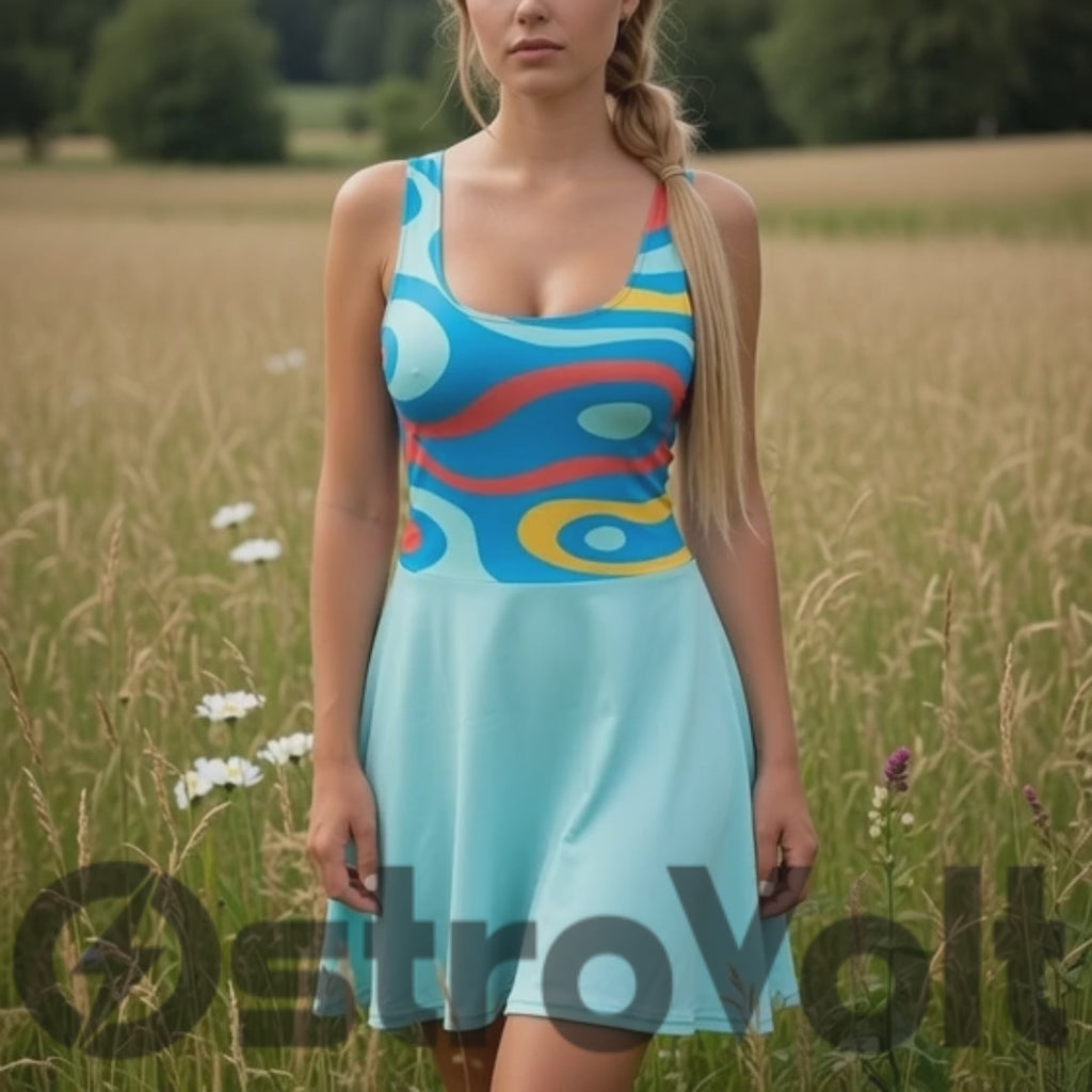 Retro Swirl Abstract Skater Dress – Vibrant Blue Wave Print
