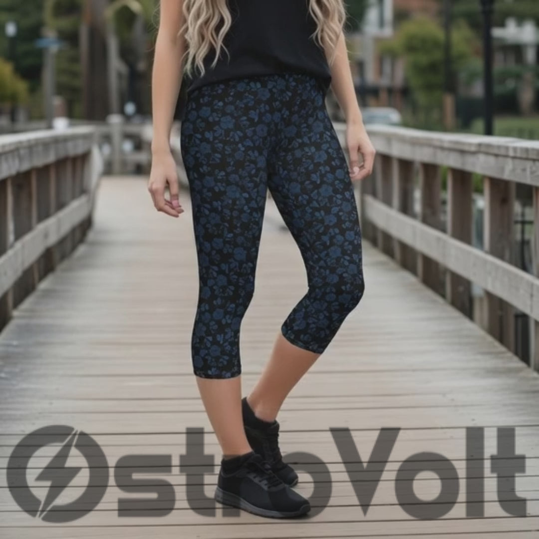 Midnight Blue Floral Capri Leggings - Elegant Navy Blossom Print Yoga Capris with Four-Way Stretch