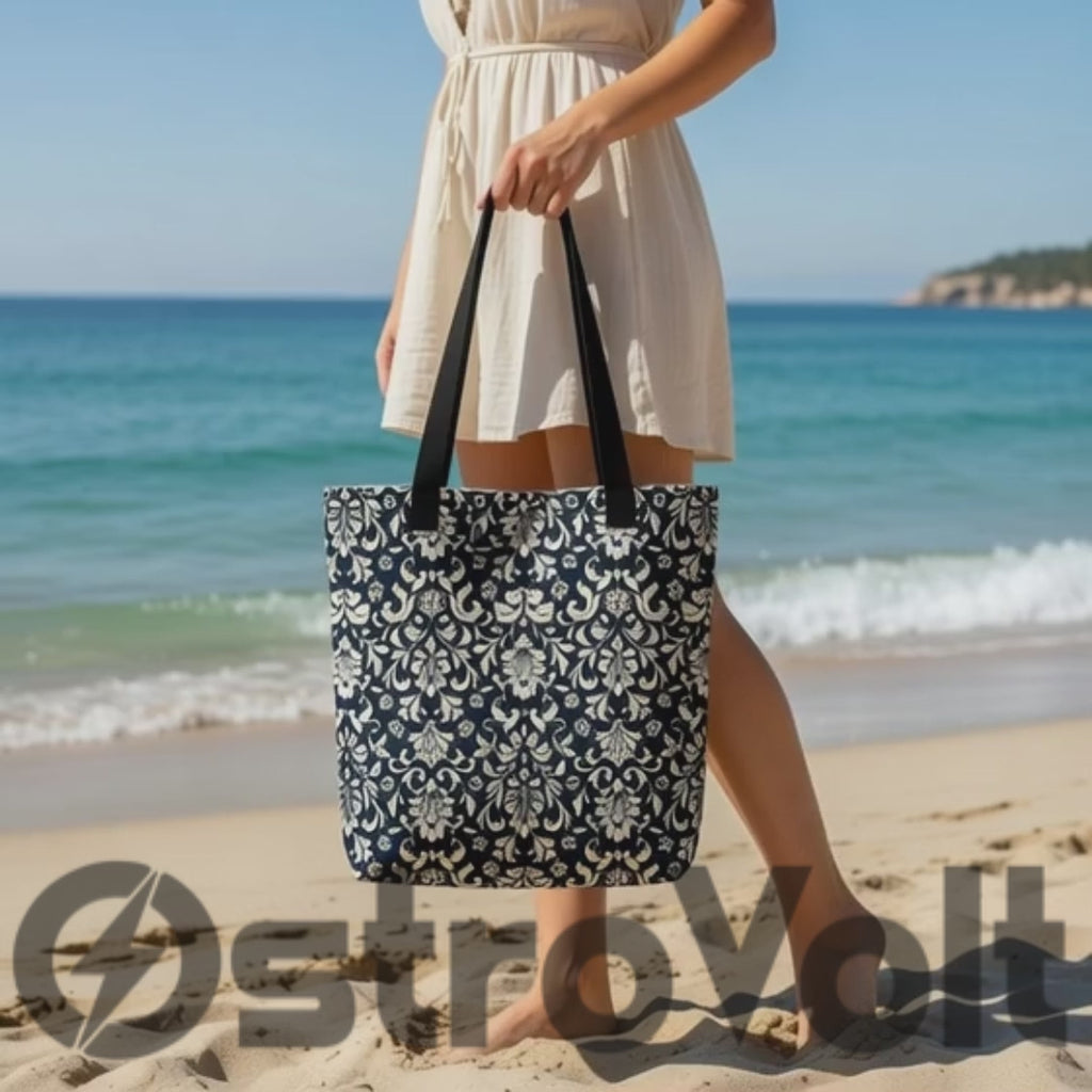 Navy Damask All-Over Print Large Tote Bag