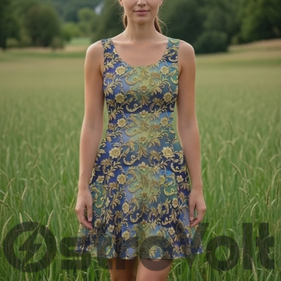 Luxurious Baroque Gold Floral Skater Dress – All-Over Print Elegance