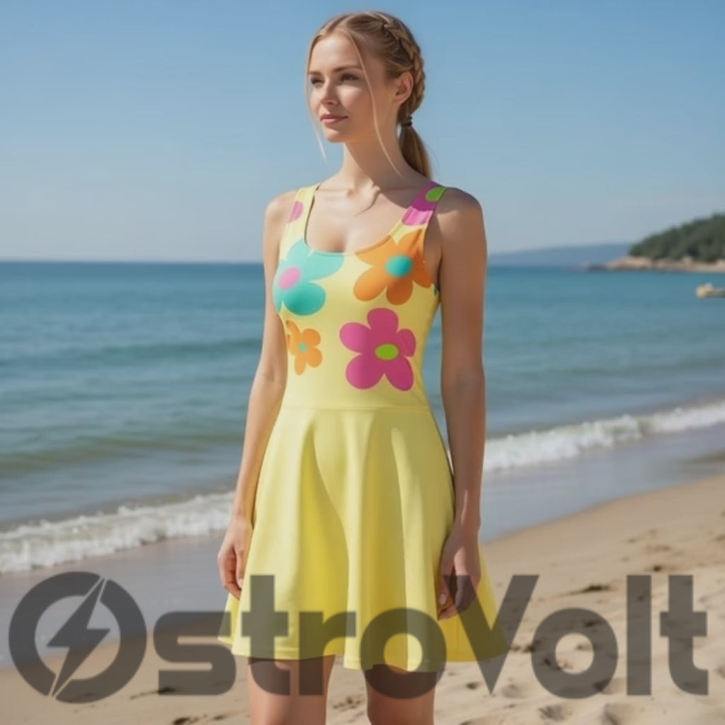 Sunny Retro Daisy Skater Dress – Bold Floral Print in Vibrant Colors