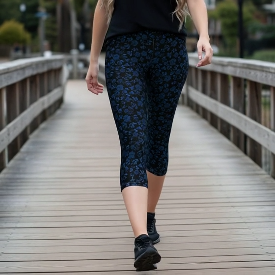 Midnight Blue Floral Capri Leggings - Elegant Navy Blossom Print Yoga Capris with Four-Way Stretch