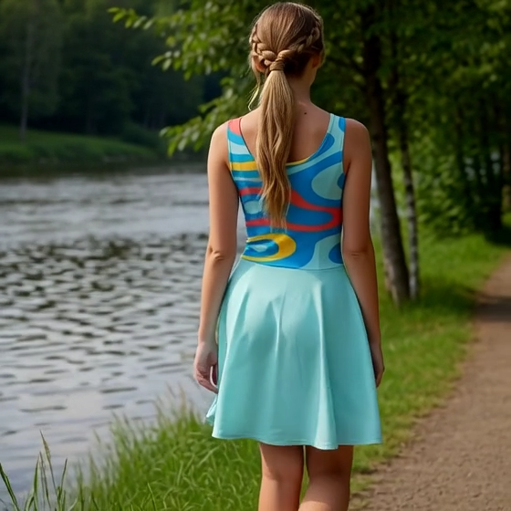 Retro Swirl Abstract Skater Dress – Vibrant Blue Wave Print