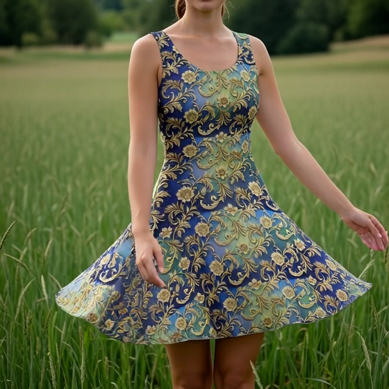 Luxurious Baroque Gold Floral Skater Dress – All-Over Print Elegance