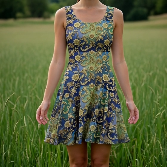 Luxurious Baroque Gold Floral Skater Dress – All-Over Print Elegance