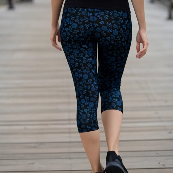 Midnight Blue Floral Capri Leggings - Elegant Navy Blossom Print Yoga Capris with Four-Way Stretch